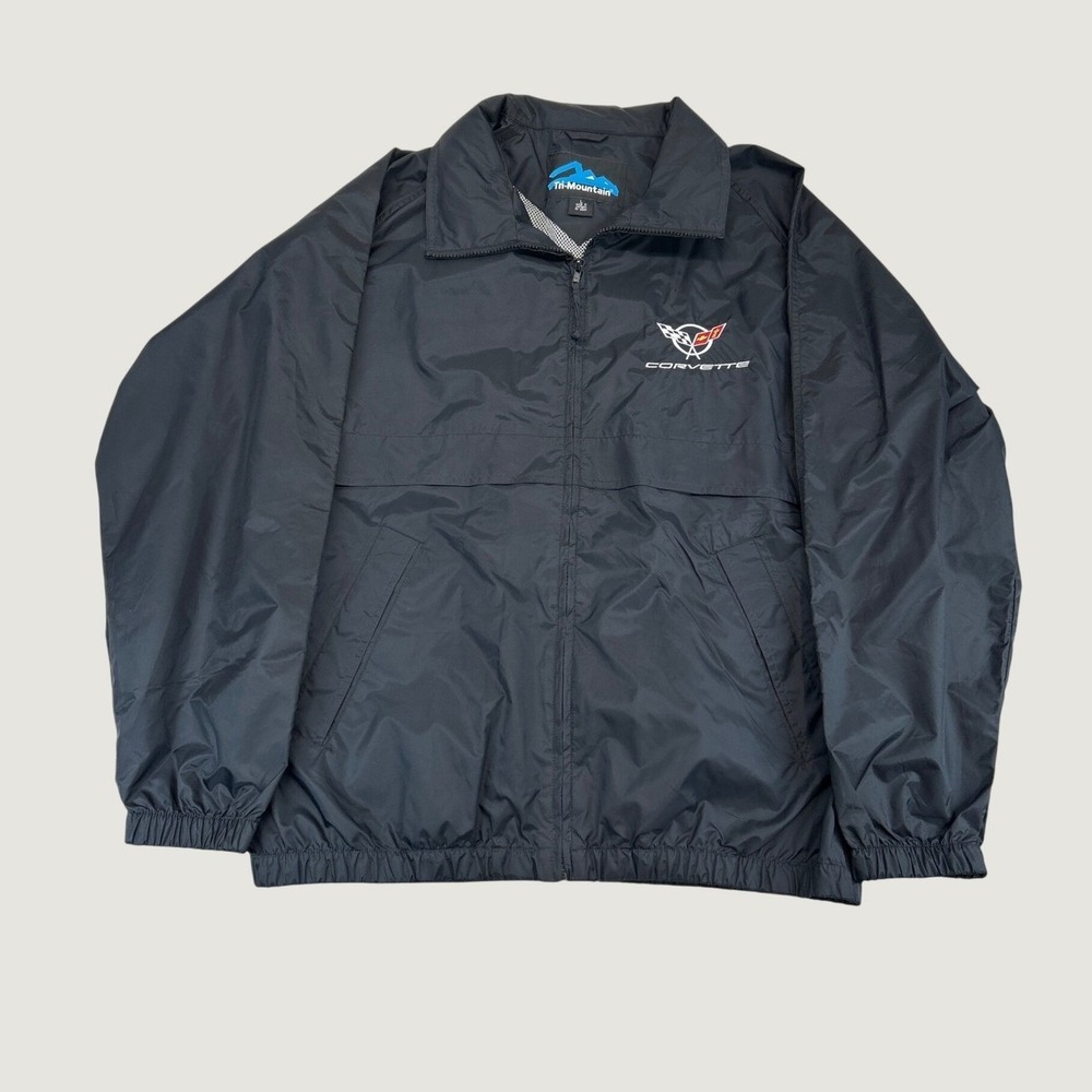 Windbreaker Jacket Mens L Black Corvette Embroidered Hooded Zip Racing Chevy‎